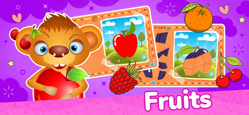 123 Kids Fun Magic Puzzles - Educational fruit puzzle game screen for toddlers featuring an apple and plum jigsaw puzzle