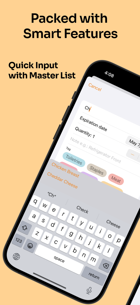 Interfaz de la aplicación Temporizador de Comida mostrando la entrada rápida de artículos de comida utilizando la función de lista maestra.