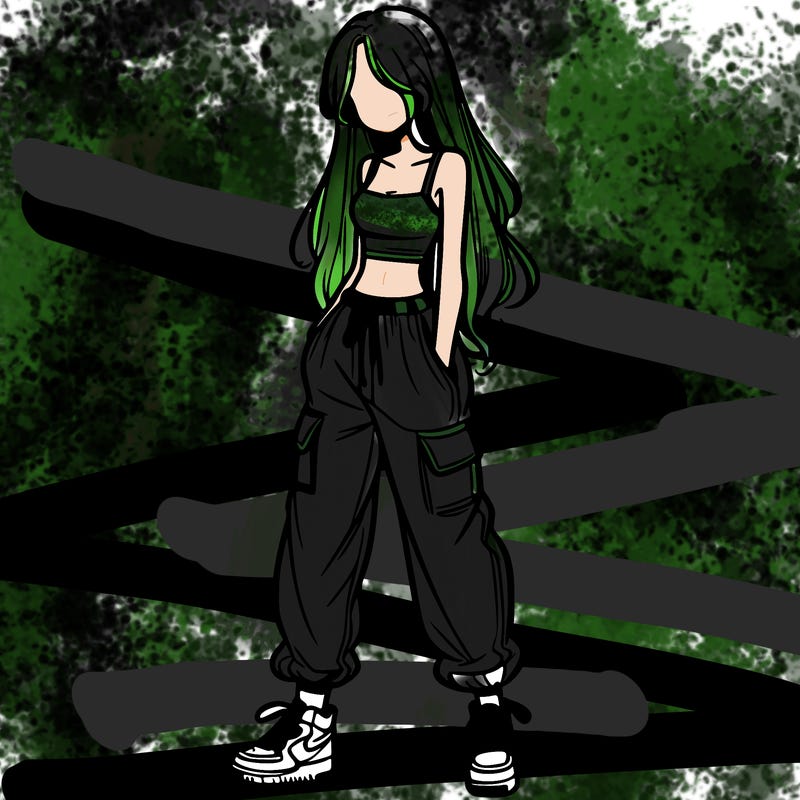 girl in baggy pants crop top and long hair