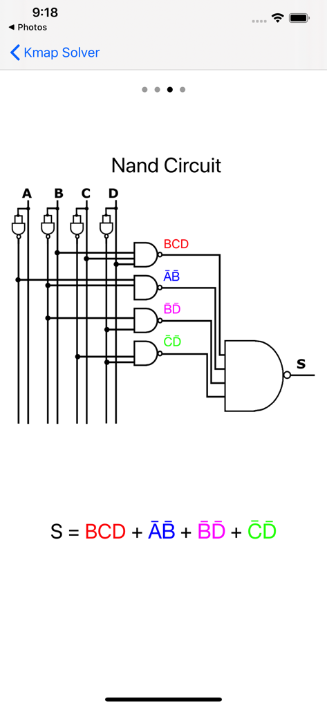 Kmap Solver - A NAND logic circuit diagram and its corresponding Boolean equation displayed in the Kmap Solver app