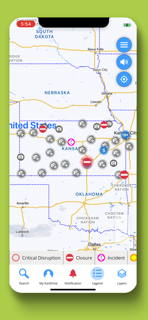 KanDrive - Interface of the KanDrive app showing a map of Kansas with traffic camera icons, road closures, and incident alerts