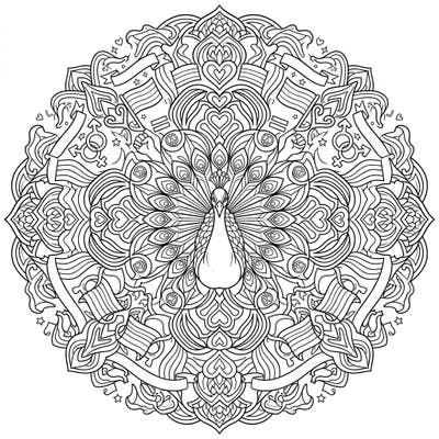 Dive into a world of intricate beauty and vibrant self-expression with this stunning Peacock Pride Mandala. This unique coloring page blends the majestic elegance of a peacock with powerful symbols of love, diversity, and community, perfect for a mindful coloring experience.
