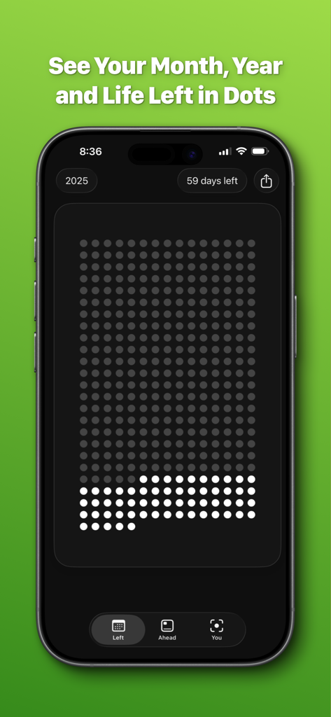 Left - Widgets for Time Left - iPhone displaying the Left app visualizing time left in a year using a grid of dots