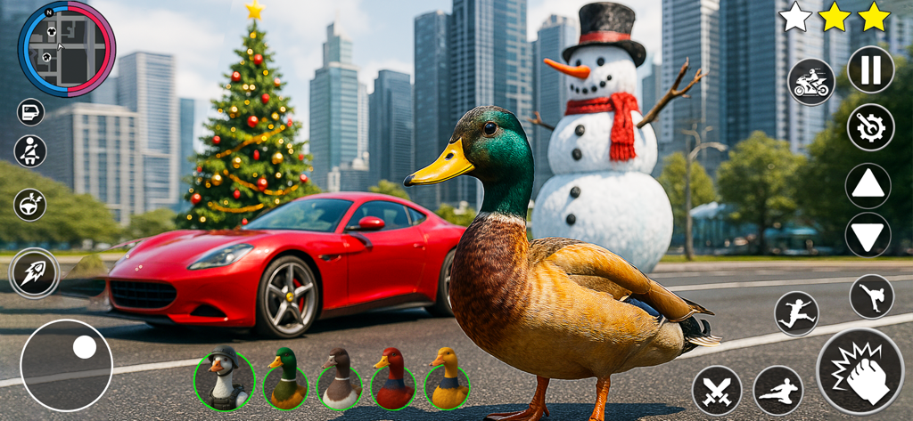 Duck Life In The City - A mallard duck standing in a city street with a red sports car and a snowman.