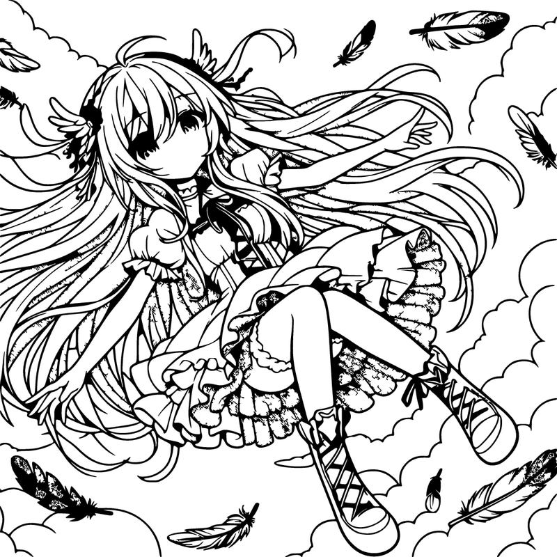 anime girl falling in sky with feathers and long hair
