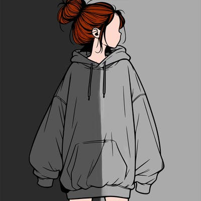 realistic girl with a oversized sweatshirt on and a bun