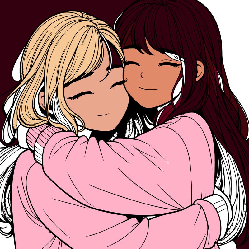 realistic two girls hugging