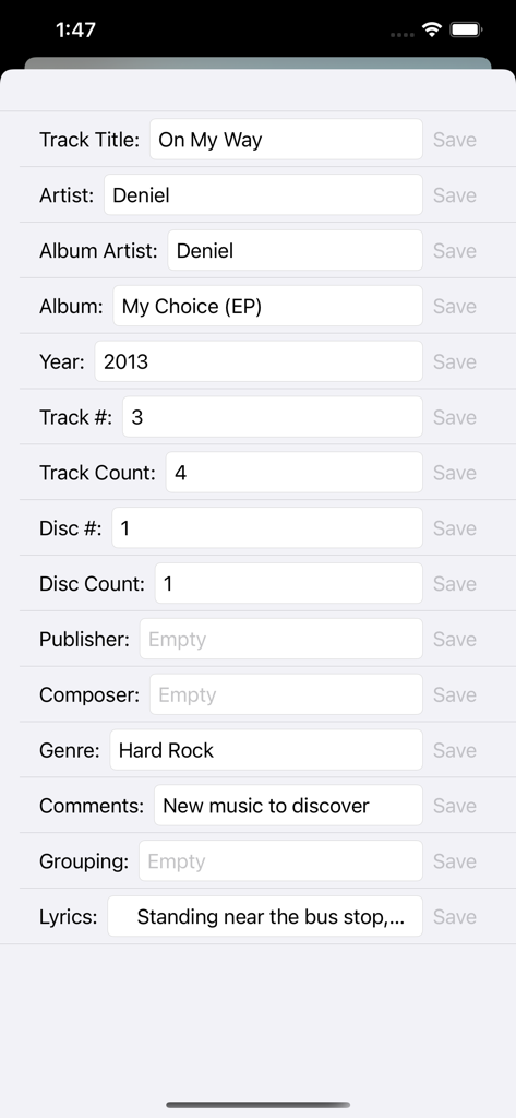 MusicBee Remote - MusicBee Remoteアプリの画面。音楽メタデータとタグの編集用。