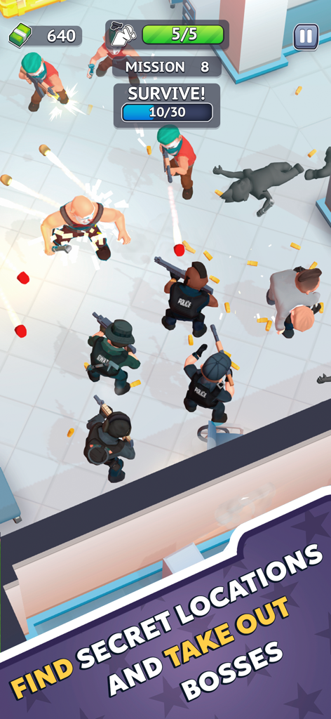 SWAT: Squad Tactics - Top down gameplay view of SWAT Squad Tactics showing a squad engaging enemies in tactical combat