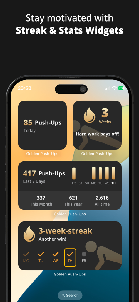 GOLDEN Push Up Pushup Tracker - Pantalla de inicio de iOS que muestra widgets de racha de entrenamiento de flexiones y estadísticas diarias.