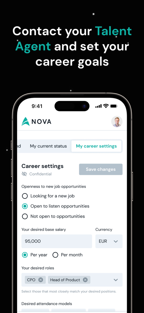 Nova Connect - Écran des paramètres de carrière de l'application Nova Connect pour les préférences d'emploi et les objectifs salariaux