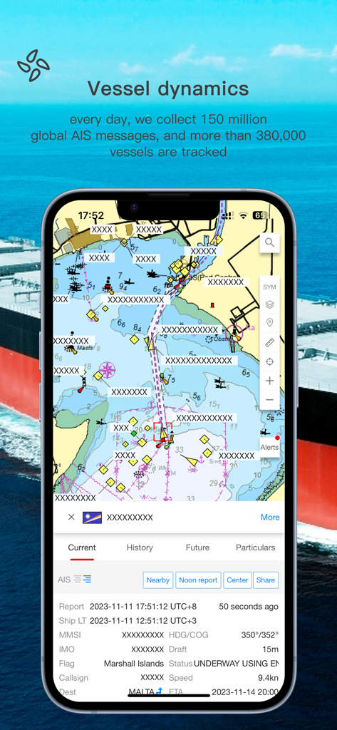 hiFleet mobile app showing real time vessel tracking on a nautical chart with detailed ship information