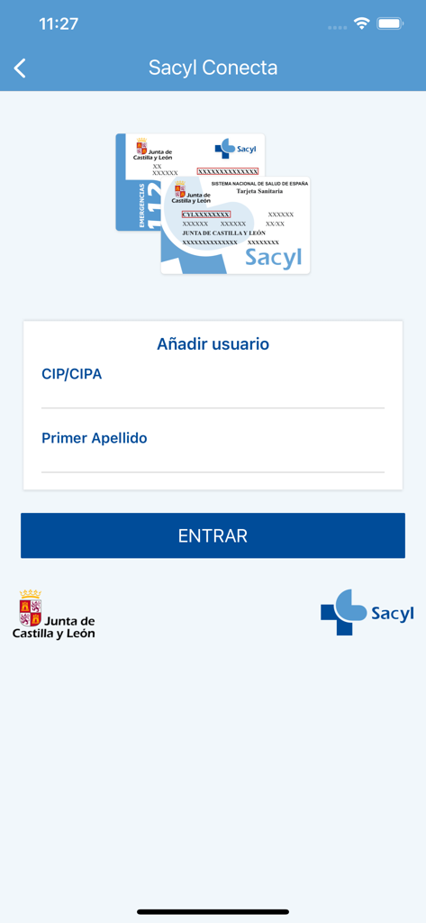 SACYL CONECTA - Pantalla de registro de usuario para la aplicación SACYL CONECTA que muestra campos para el DNI de la tarjeta sanitaria y el apellido.