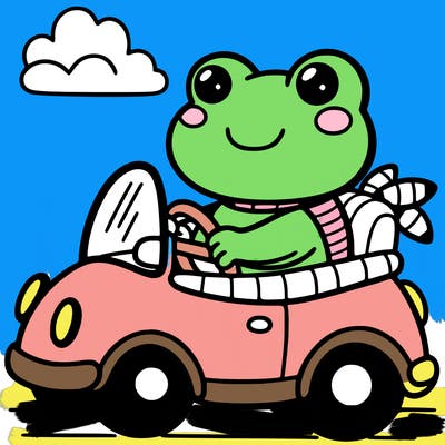 cute frog driveing a car
