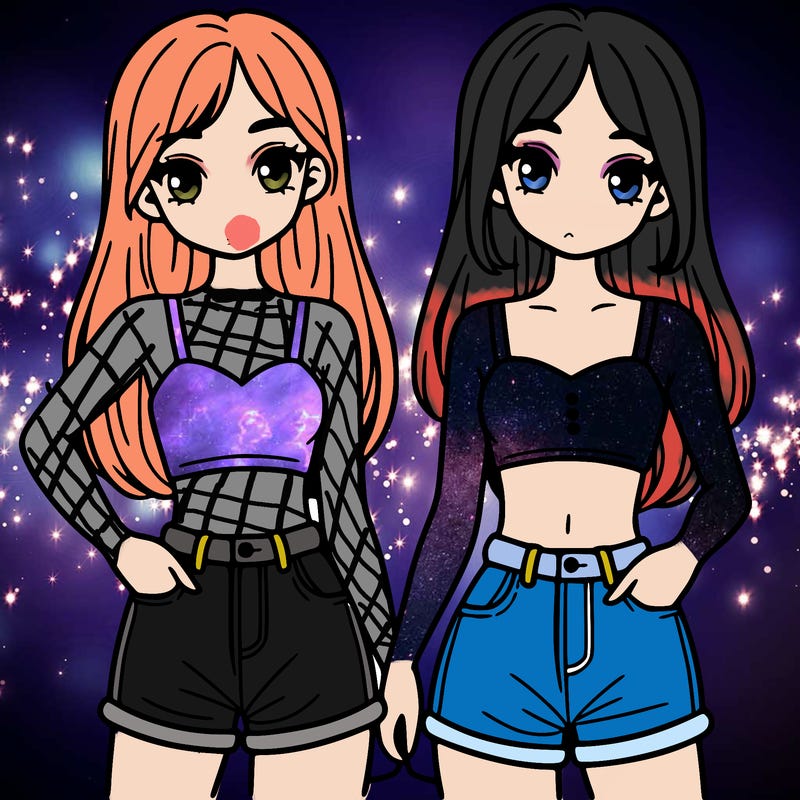 two sisters with crop tops and jean shorts and straight hair