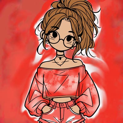 girl with a messy ponytail glasses a baggy crop top and jean shorts