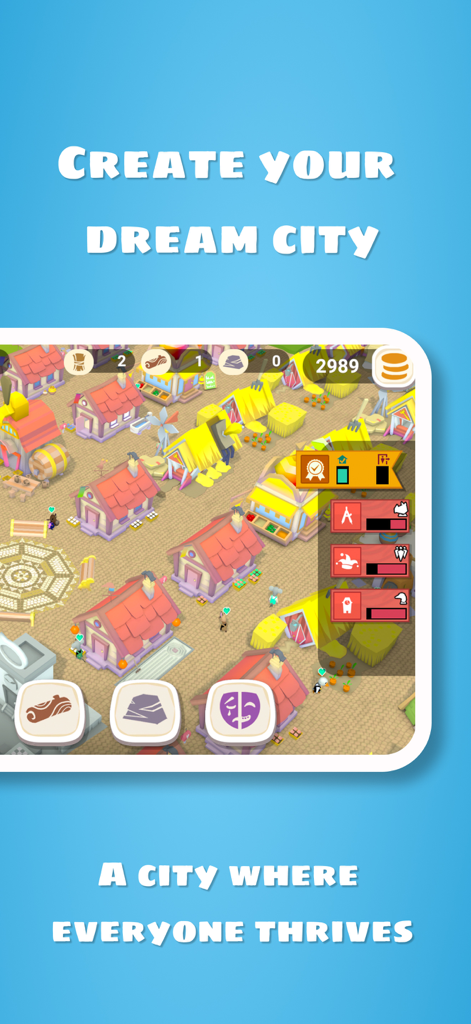 Mayority - Colorful top down view of a city in the Mayority simulation game showing houses and resource management icons