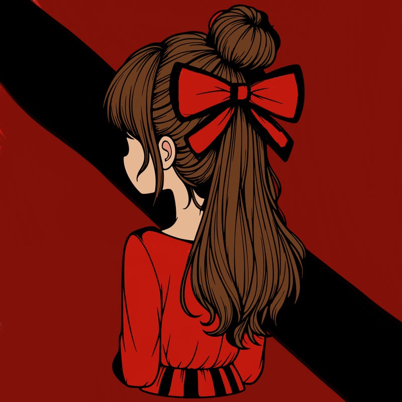 realistic girl  with hip length hair a bun and a big bow on the back of head