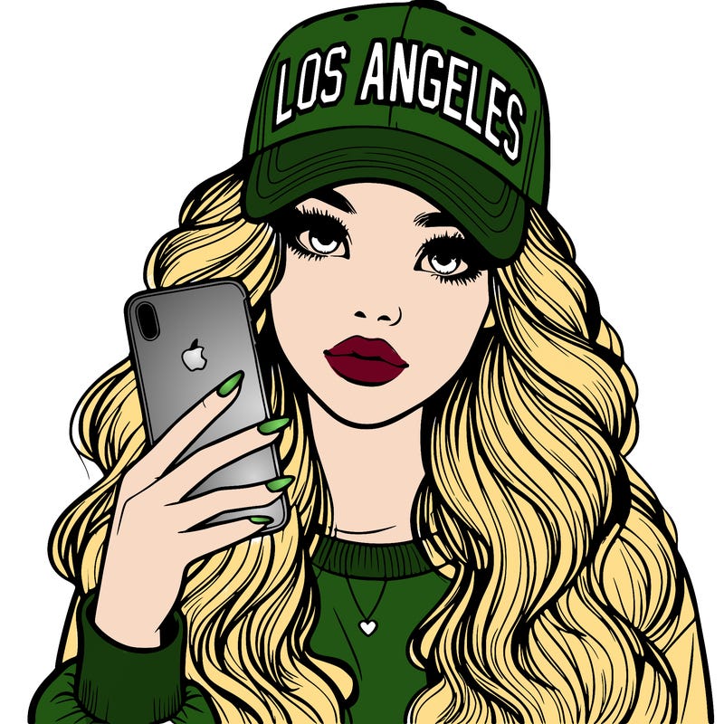 realistic beautiful girl wearing los ángeles cap holding an iphone