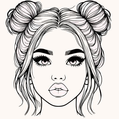 realistic girl with two buns on her hair and lips