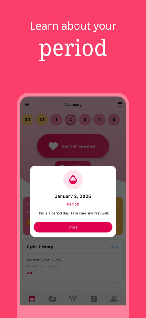 Rise, Period Tracker, Calendar - A screenshot of the Rise app showing a period tracking notification and cycle calendar