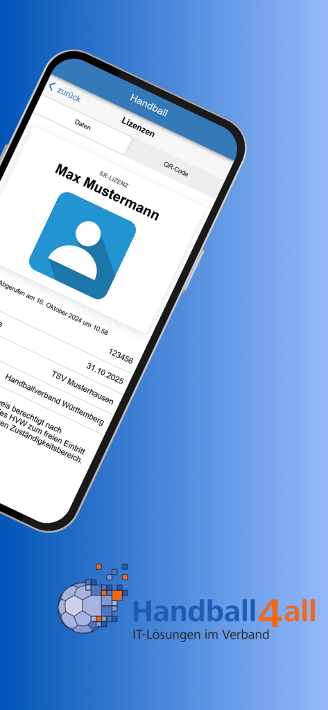 H4A App - A smartphone screen displaying a digital handball referee license with a profile placeholder and association details.
