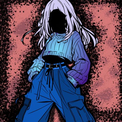 anime teen girl with baggy pants and crop top with sweater