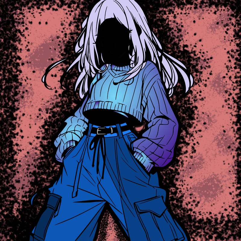 anime teen girl with baggy pants and crop top with sweater