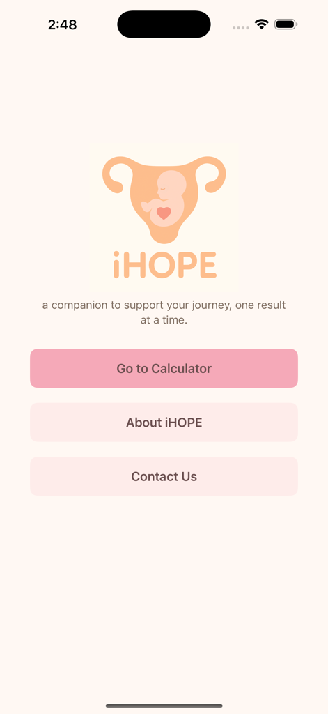 iHOPE Pregnancy Calculator - Pantalla de inicio de la aplicación Calculadora de Embarazo iHOPE con un logotipo de útero y feto y botones de navegación para la calculadora de probabilidad de nacimiento vivo