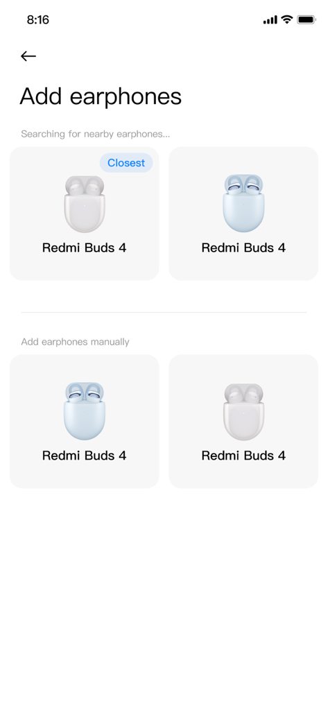 A screenshot of the Xiaomi Earbuds app interface showing the process for adding new Redmi Buds 4 earphones.