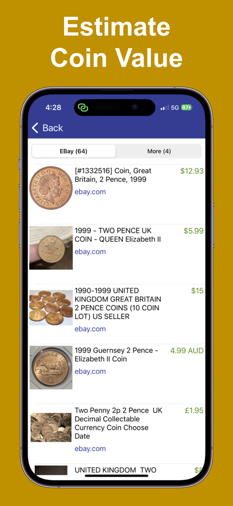 Pantalla de la aplicación Coinoscope mostrando estimaciones de precios de mercado de eBay para una moneda británica de dos peniques de 1999