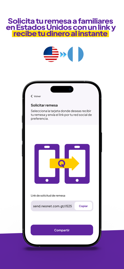 V.way - Tela do aplicativo móvel V.way mostrando como solicitar uma remessa dos EUA para a Guatemala com um link compartilhável.