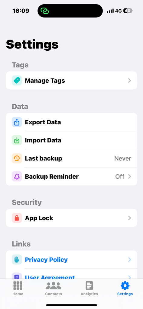Der Einstellungsbildschirm der Haven Link Offline-CRM-App mit Optionen für Datenverwaltung, Sicherheit und Tag-Organisation.