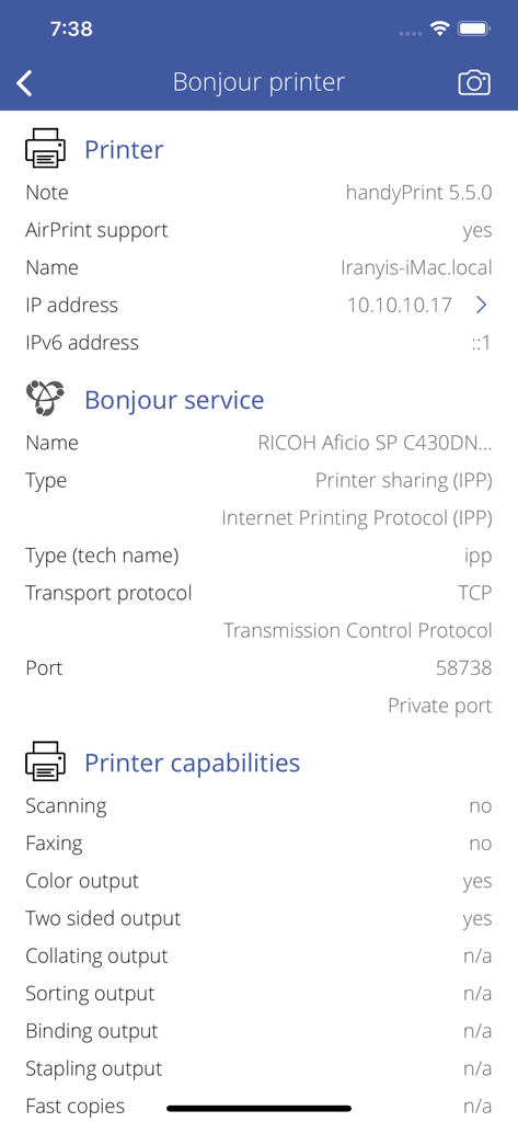 Printer Discover - Detailed technical information of a network printer including IP address Bonjour service type and printing capabilities