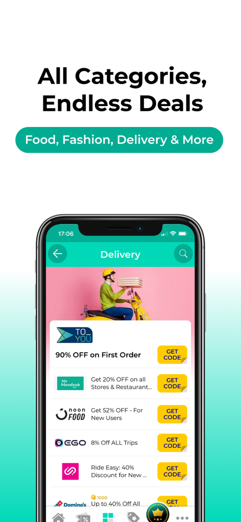 Smartphone screen displaying various delivery and food coupons in the Almowafir app