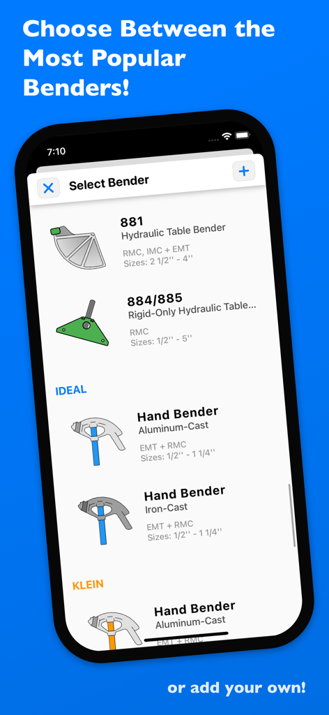 QuickBend app screen showing a list of selectable conduit benders including hydraulic table and hand bender models