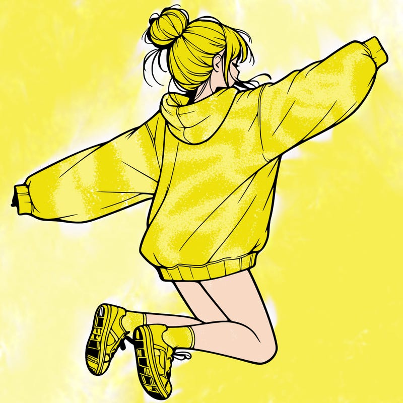 realistic girl jumping with a bun and oversized sweatshirt