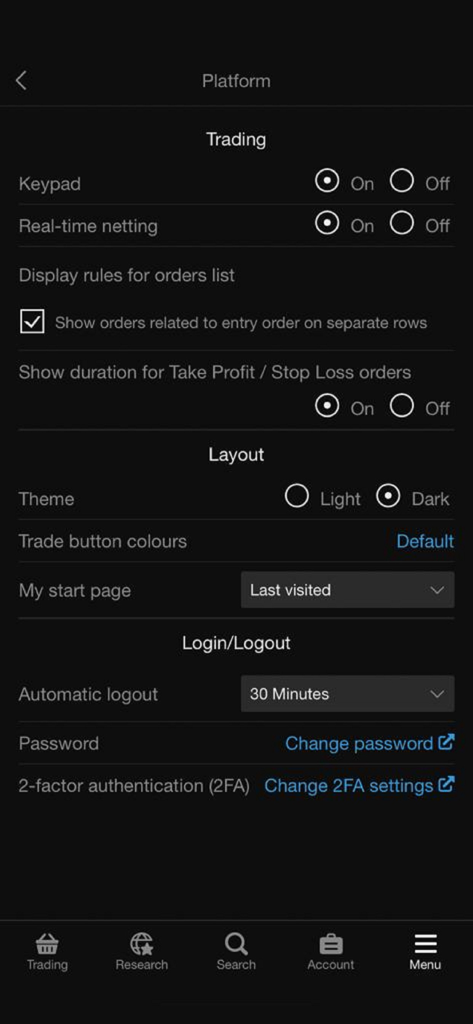 AB Invest Mobile - AB Invest Mobile app settings interface for trading layout and security.