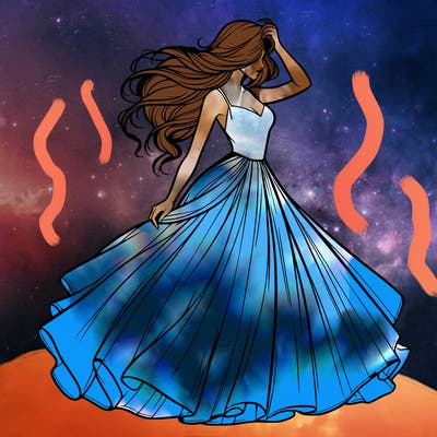 realistic woman with dress flowing in the wind