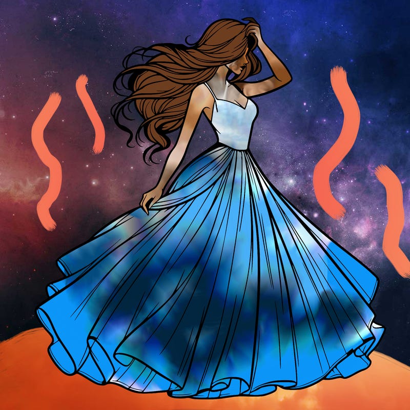 realistic woman with dress flowing in the wind