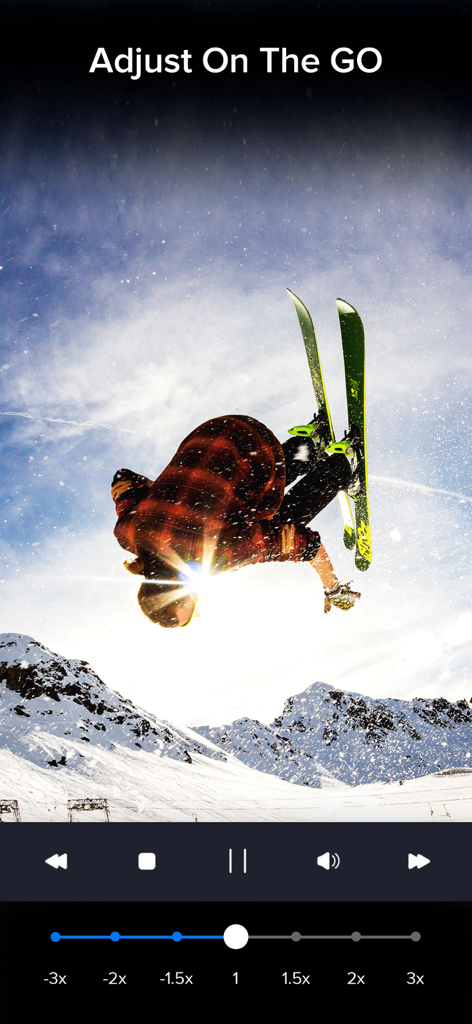 Video Slow Fast Speed Editor - Mobile app interface showing a skier in mid-air with a speed control slider for slow motion and fast motion editing