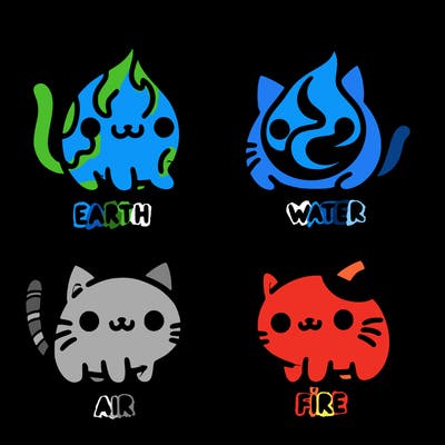 4 cats that represent the different elements, earth, water, air, and fire