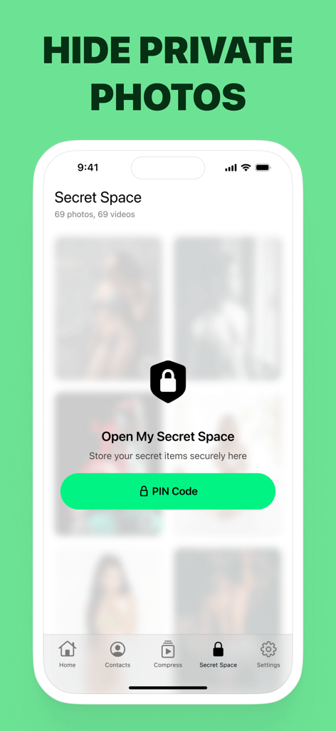 Screenshot der Pro Cleaner App, der die Funktion "Geheimer Bereich" mit einer PIN-Code-Sperre zum Ausblenden privater Fotos und Videos zeigt