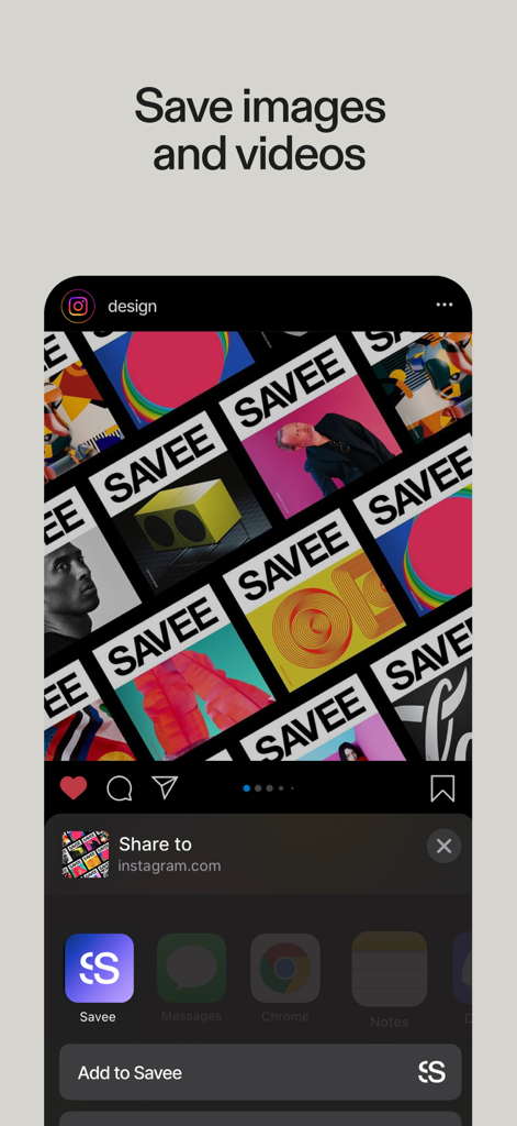 Savee — Inspiration for you - Uma tela de celular mostrando a extensão de compartilhamento do aplicativo Savee sendo usada para salvar uma imagem de design diretamente do Instagram