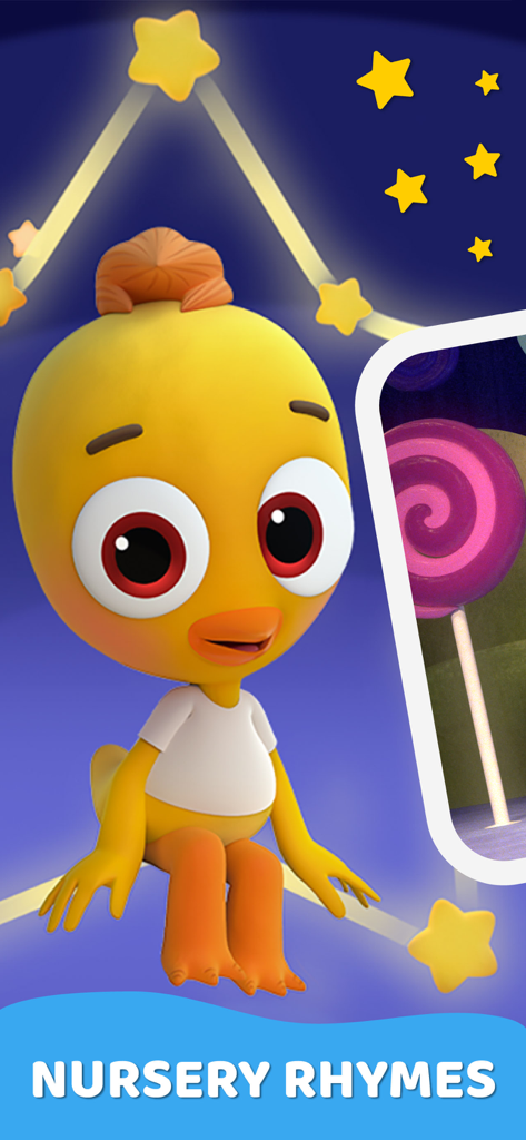 Ein gelber Cartoon-Vogelcharakter sitzt unter einem sternenklaren Nachthimmel mit dem Text Kinderreime