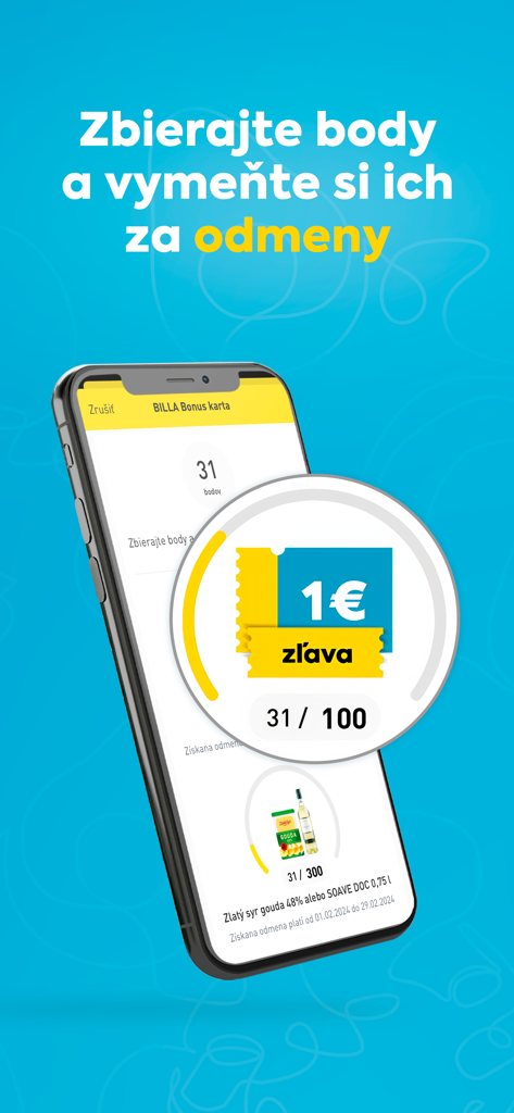 Smartphone zeigt den BILLA Bonus App-Bildschirm zum Sammeln von Punkten und Einlösen von Prämien an.