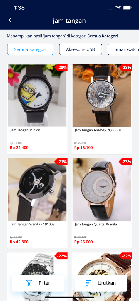 Jakarta Notebook - Jakarta Notebook mobile app displaying a search results page for wristwatches with prices and discounts