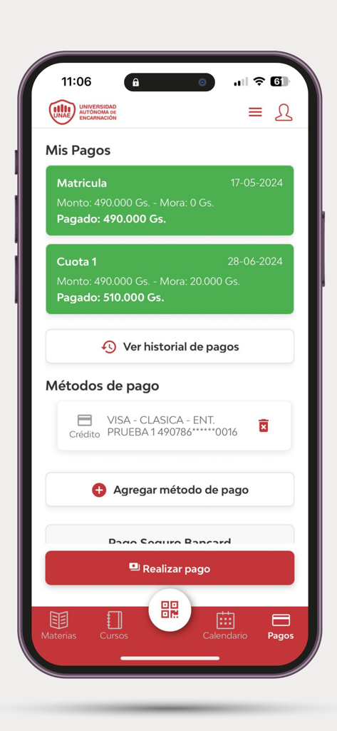 UNAE APP - UNAE APP student payment interface showing tuition fees and credit card management