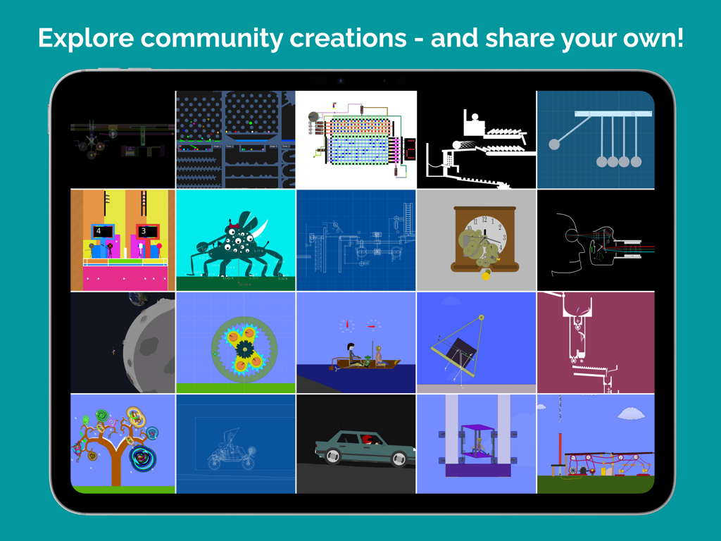 A grid of diverse user-created physics simulations and mechanical designs on an iPad screen.