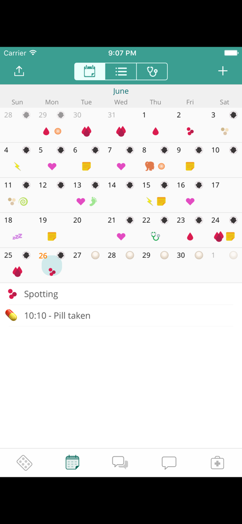 myPill® Birth Control Reminder - Monthly calendar view in myPill app tracking birth control pill intake and health symptoms